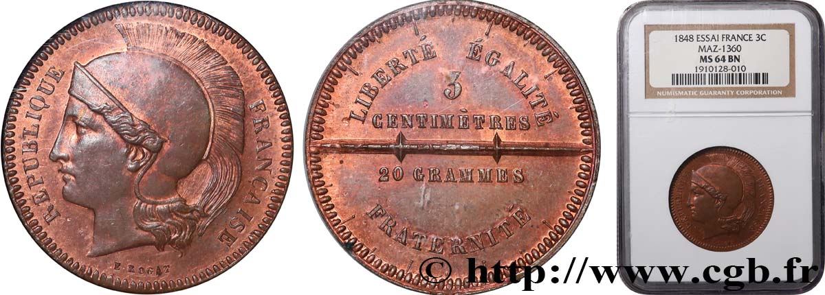 Concours de 10 centimes, essai en cuivre par Rogat, deuxième concours, cinquième revers n.d. Paris VG.3208  SPL64 NGC