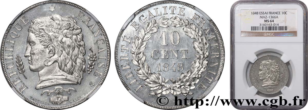 Concours de 10 centimes, essai en étain par Vauthier-Galle 1848 Paris VG.3155 var. fST64 NGC