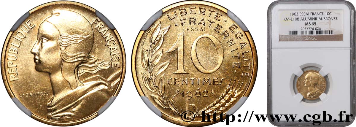 Essai de 10 centimes Marianne 1962 Paris F.144/1 ST65 NGC
