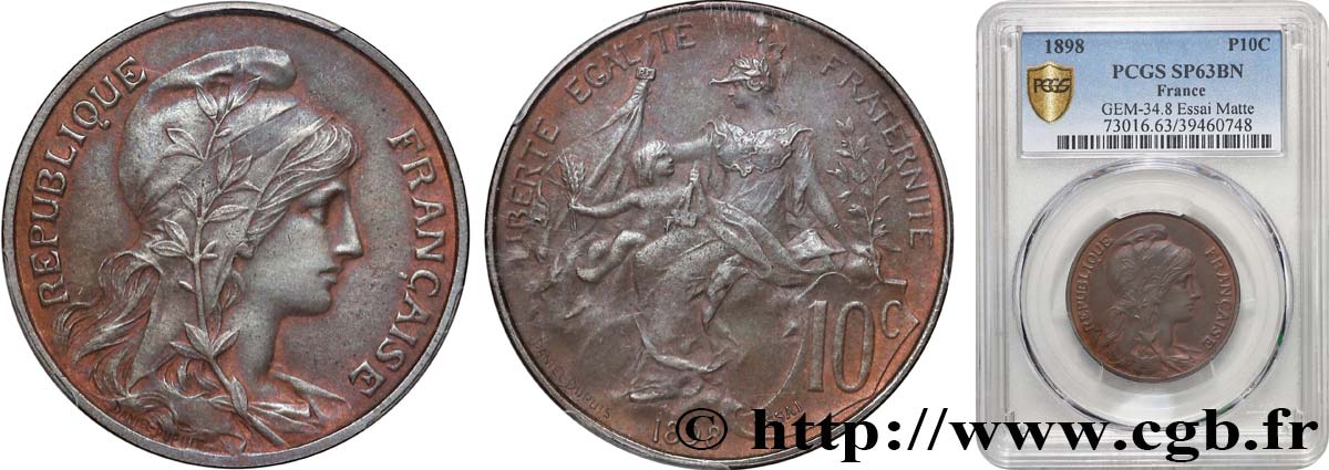 Essai de 10 centimes Daniel-Dupuis en bronze, flan mat 1898 Paris F.136/3 fST63 PCGS
