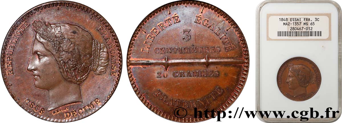 Concours du décime, essai en cuivre Rogat, premier concours 1848 Paris VG.3204  FDC65 NGC