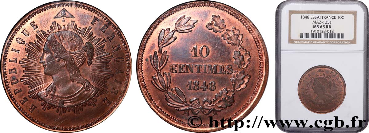 Concours de 10 centimes, essai en cuivre par Pillard, deuxième revers 1848 Paris VG.3185 var. ST65 NGC