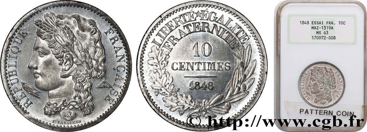 Concours de 10 centimes, essai en étain par Farochon, deuxième revers 1848 Paris VG.3139 var. fST63 NGC