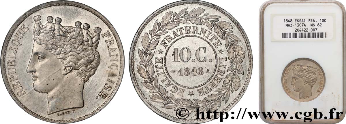 Concours de 10 centimes, essai en étain par Barre, premier avers 1848 Paris VG.3131  VZ62 NGC