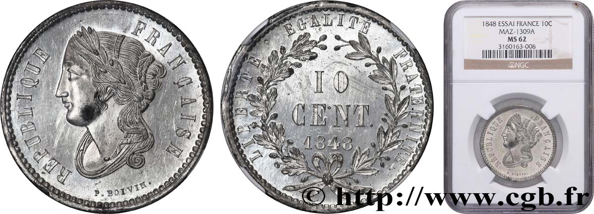 Concours de 10 centimes, essai en étain par Boivin, deuxième revers 1848 Paris VG.3133 var. SPL62 NGC