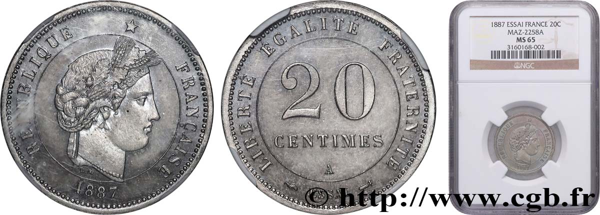 Essai de 20 centimes Merley  1887 Paris GEM.50 6 ST65 NGC