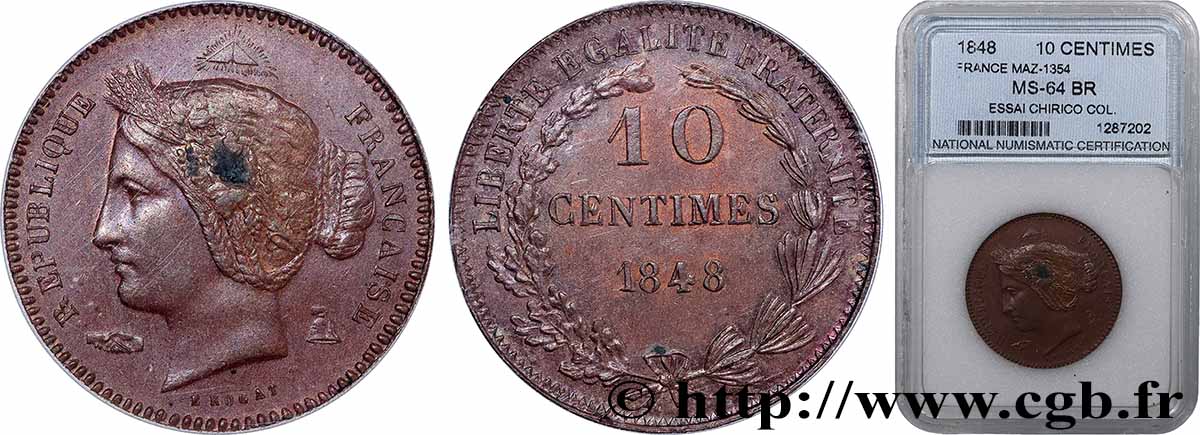 Concours de 10 centimes, essai en cuivre par Rogat, premier concours, quatrième revers 1848 Paris VG.3169 var. VZ+ autre