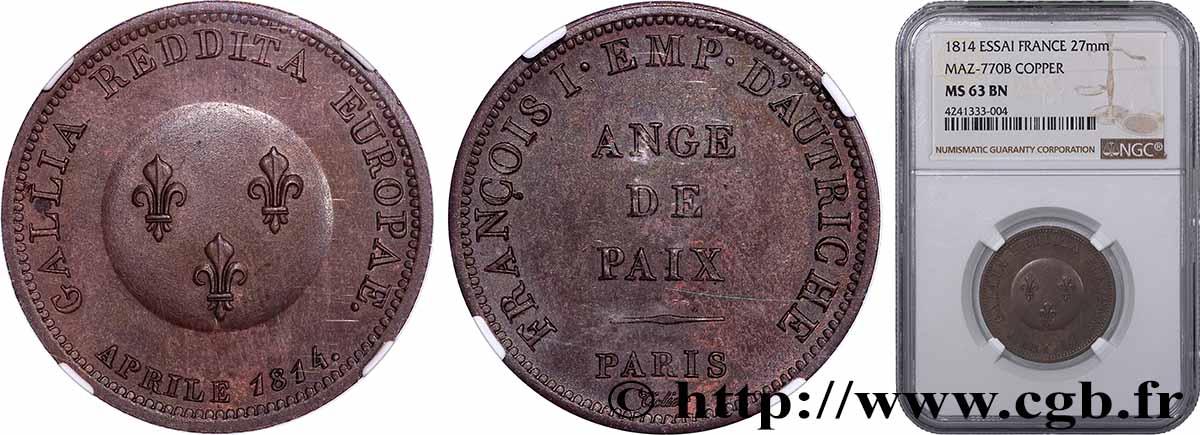 Ange de Paix, module de 2 francs pour François Ier d’Autriche en cuivre 1814 Paris Maz.770 b SPL63 NGC