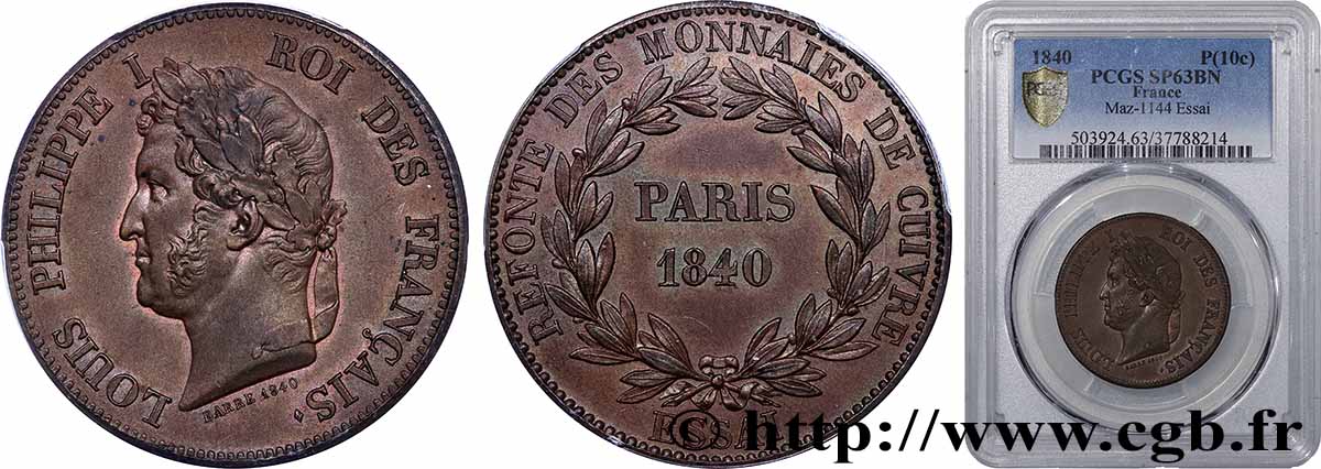 Refonte des monnaies de cuivre, essai au module du décime, poids léger 1840 Paris T.T.4515 b.2 fST63 PCGS