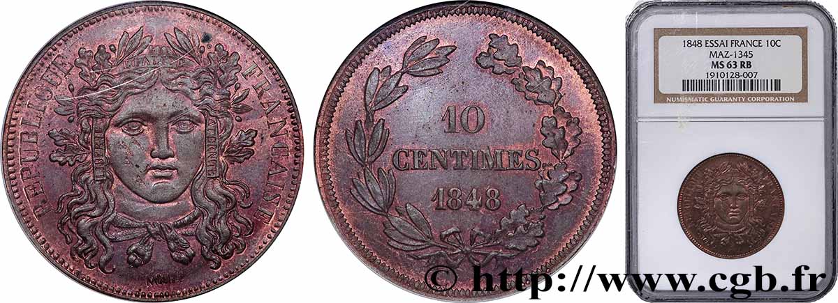 Concours de 10 centimes, essai en cuivre par Moullé, deuxième revers 1848 Paris Maz.1345 var. rev. fST63 NGC