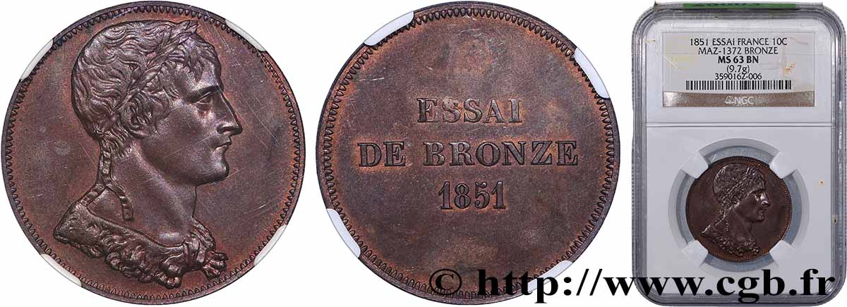 Essai de bronze au module de 10 centimes, Bonaparte 1851 Paris VG.3288  fST63 NGC