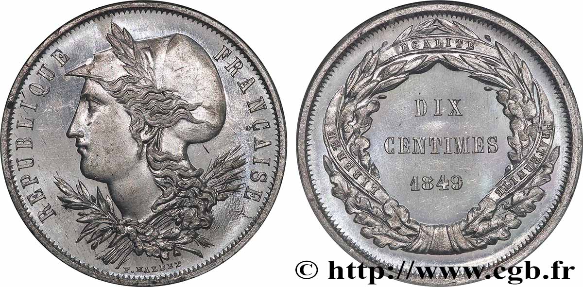 Concours de 10 centimes, essai en étain par Malbet 1849 Paris VG.3144  var. fST64 NGC