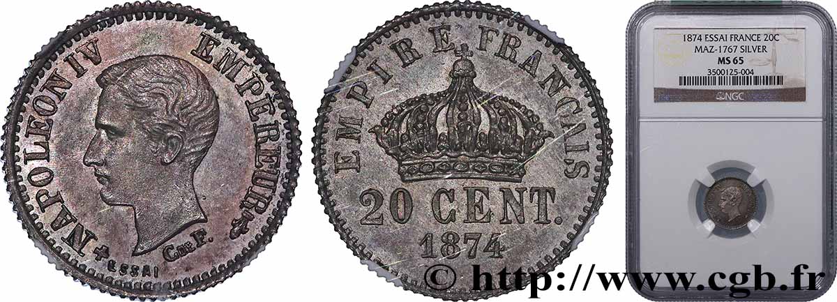 Essai de 20 centimes 1874 Bruxelles GEM.47 1 FDC65 NGC