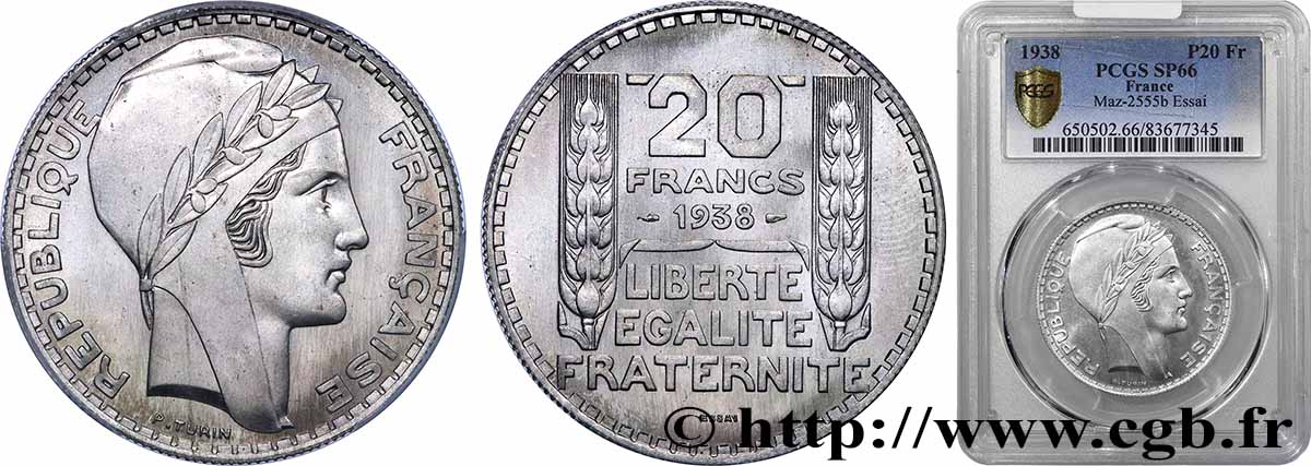 Préparation de la 20 francs, type Turin, essai en aluminium, tranche striée 1938 Paris GEM.200  6 ST66 PCGS