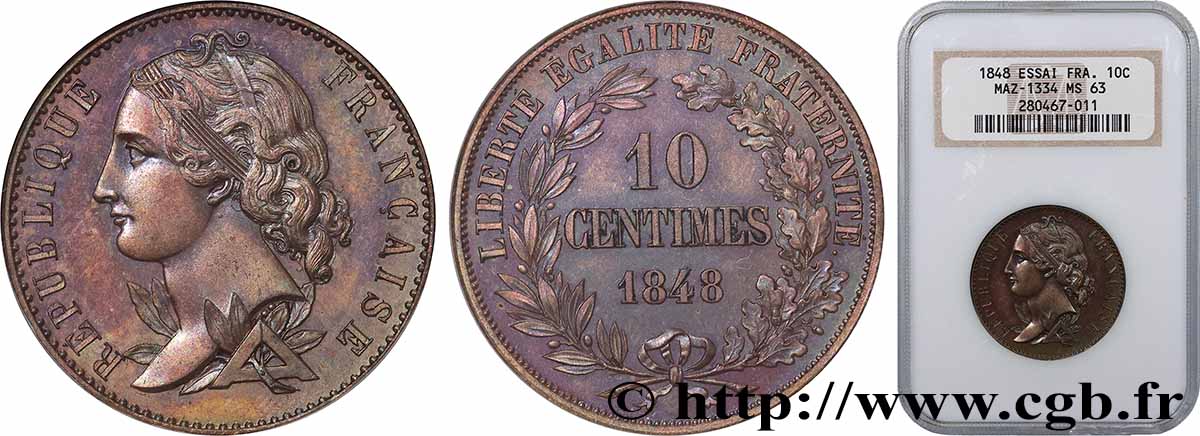 Concours de 10 centimes, essai en cuivre par Magniadas, premier revers 1848 Paris VG.3143  fST63 NGC