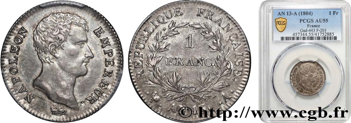 1 franc Napoléon Empereur, Calendrier révolutionnaire 1805 Paris F.201/14 VZ55 PCGS