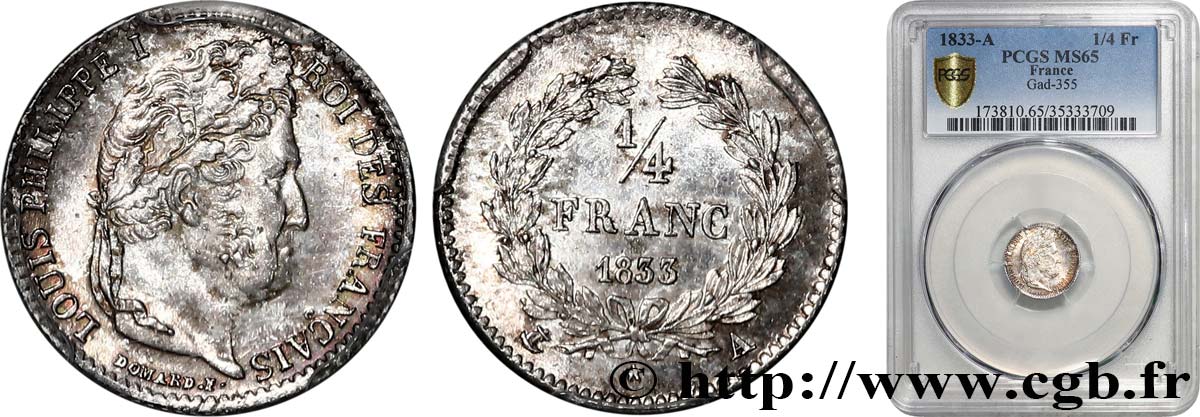 1/4 franc Louis-Philippe 1833 Paris F.166/30 ST65 PCGS