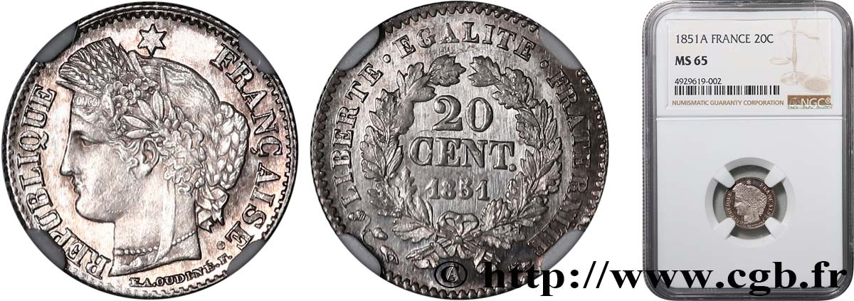 20 centimes Cérès, IIe République 1851 Paris F.146/7 ST65 NGC