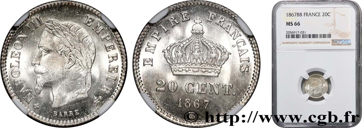 20 centimes Napoléon III, tête laurée, grand module 1867 Strasbourg F.150/2 FDC66 NGC