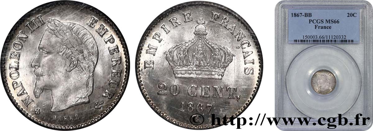 20 centimes Napoléon III, tête laurée, grand module 1867 Strasbourg F.150/2 FDC66 PCGS