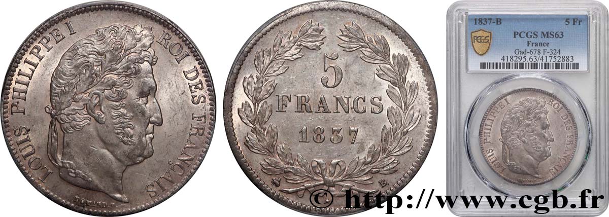 5 francs IIe type Domard 1837 Rouen F.324/62 SPL63 PCGS