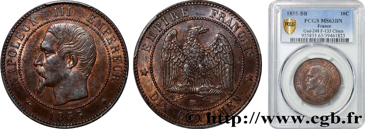 Dix centimes Napoléon III, tête nue 1855 Strasbourg F.133/23 SPL63 PCGS