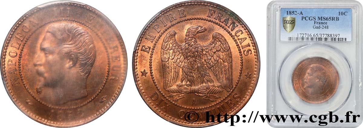 Dix centimes Napoléon III, tête nue 1852 Paris F.133/1 ST65 PCGS