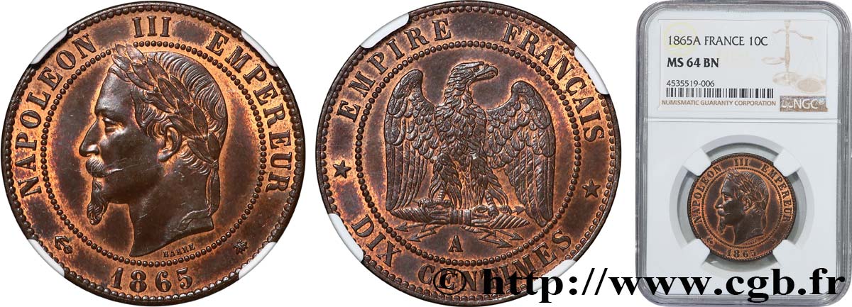 Dix centimes Napoléon III, tête laurée 1865 Paris F.134/16 SPL64 NGC