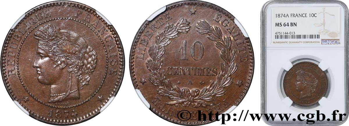 10 centimes Cérès 1874 Paris F.135/12 SPL64 NGC