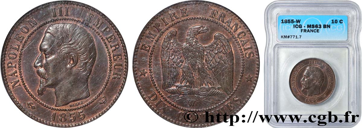 Dix centimes Napoléon III, tête nue 1855 Lille F.133/33 fST63 autre