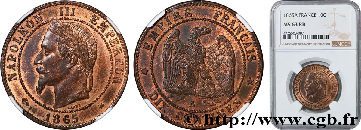 Dix centimes Napoléon III, tête laurée 1865 Paris F.134/16 fST63 NGC
