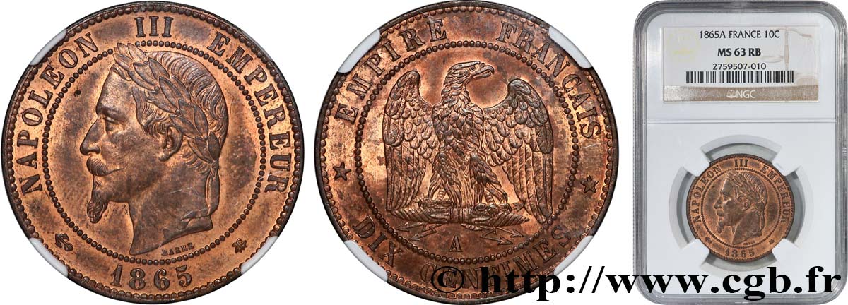 Dix centimes Napoléon III, tête laurée 1865 Paris F.134/16 SPL63 NGC