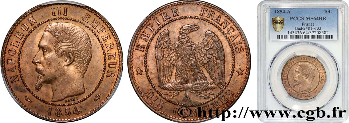 Dix centimes Napoléon III, tête nue 1854 Paris F.133/11 fST64 PCGS