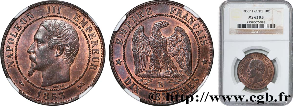 Dix centimes Napoléon III, tête nue 1853 Rouen F.133/3 SPL63 NGC