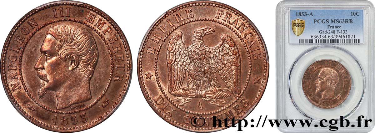 Dix centimes Napoléon III, tête nue 1853 Paris F.133/2 fST63 PCGS