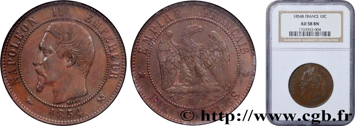 Dix centimes Napoléon III, tête nue 1854 Rouen F.133/12 SUP58 NGC