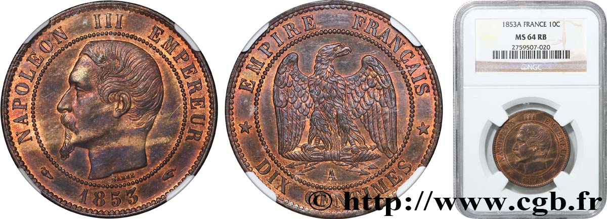 Dix centimes Napoléon III, tête nue 1853 Paris F.133/2 SPL64 NGC