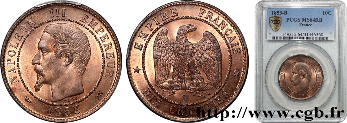 Dix centimes Napoléon III, tête nue 1853 Rouen F.133/3 fST64 PCGS