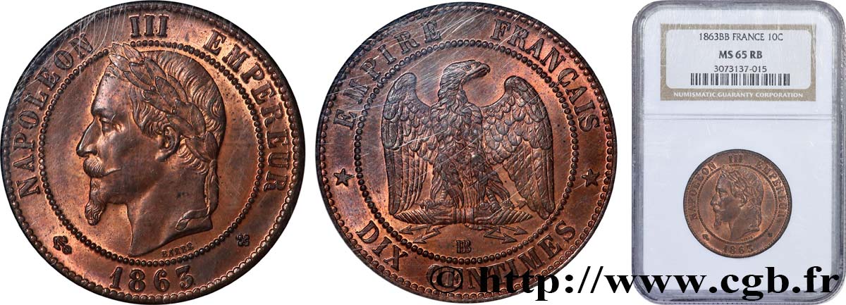 Dix centimes Napoléon III, tête laurée 1863 Strasbourg F.134/11 FDC65 NGC