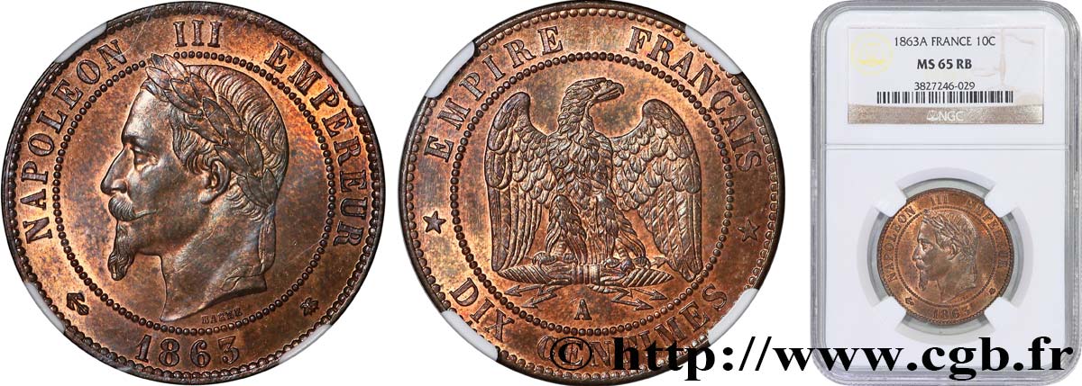 Dix centimes Napoléon III, tête laurée 1863 Paris F.134/10 ST65 NGC