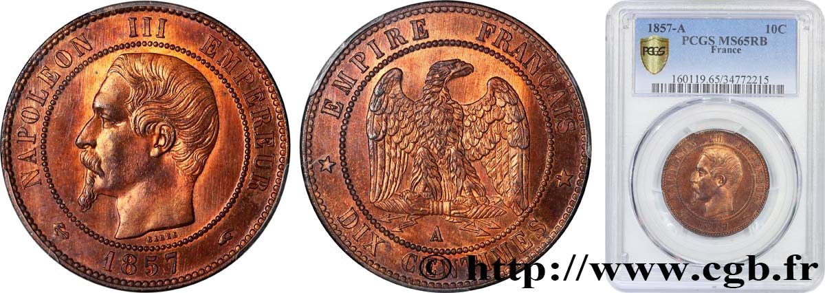 Dix centimes Napoléon III, tête nue 1857 Paris F.133/41 FDC65 PCGS