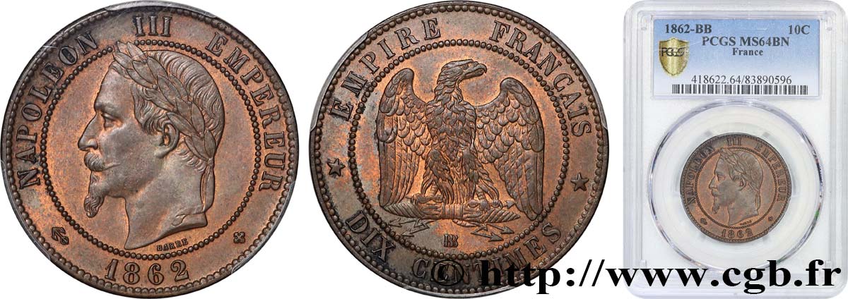 Dix centimes Napoléon III, tête laurée 1862 Strasbourg F.134/8 fST64 PCGS
