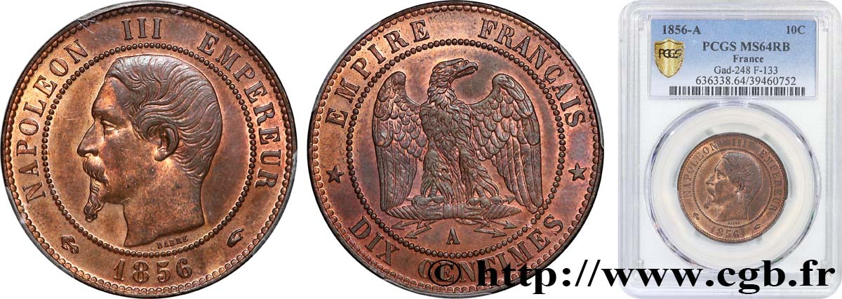 Dix centimes Napoléon III, tête nue 1856 Paris F.133/34 MS64 PCGS