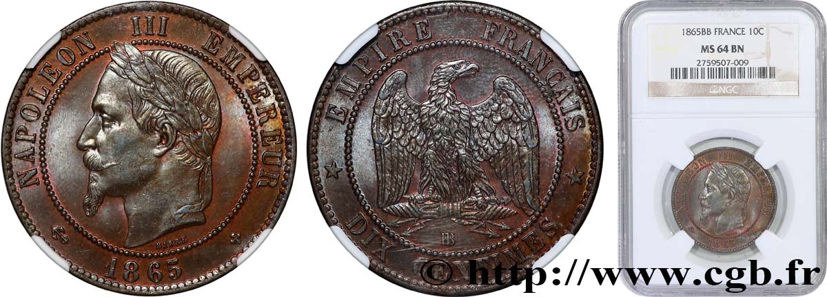 Dix centimes Napoléon III, tête laurée 1865 Strasbourg F.134/17 SPL64 NGC