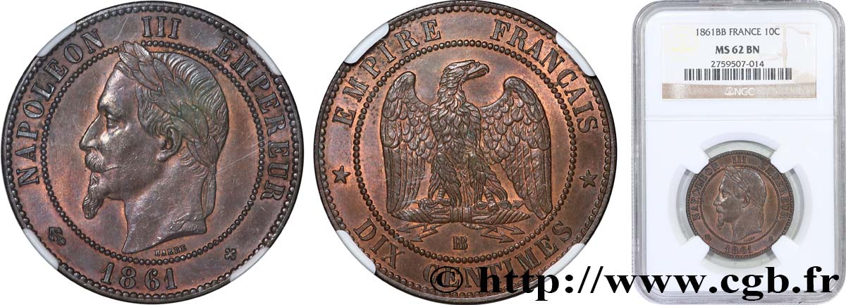 Dix centimes Napoléon III, tête laurée 1861 Strasbourg F.134/5 VZ62 NGC
