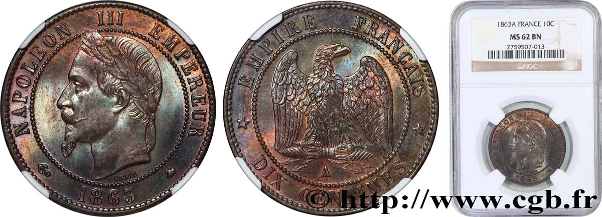 Dix centimes Napoléon III, tête laurée 1863 Paris F.134/10 SUP62 NGC