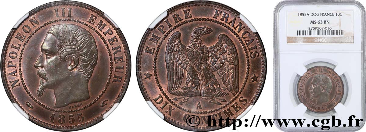 Dix centimes Napoléon III, tête nue 1855 Paris F.133/19 fST63 NGC