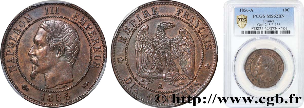 Dix centimes Napoléon III, tête nue 1856 Paris F.133/34 SUP62 PCGS
