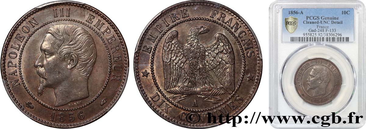 Dix centimes Napoléon III, tête nue 1856 Paris F.133/34 SUP+ PCGS