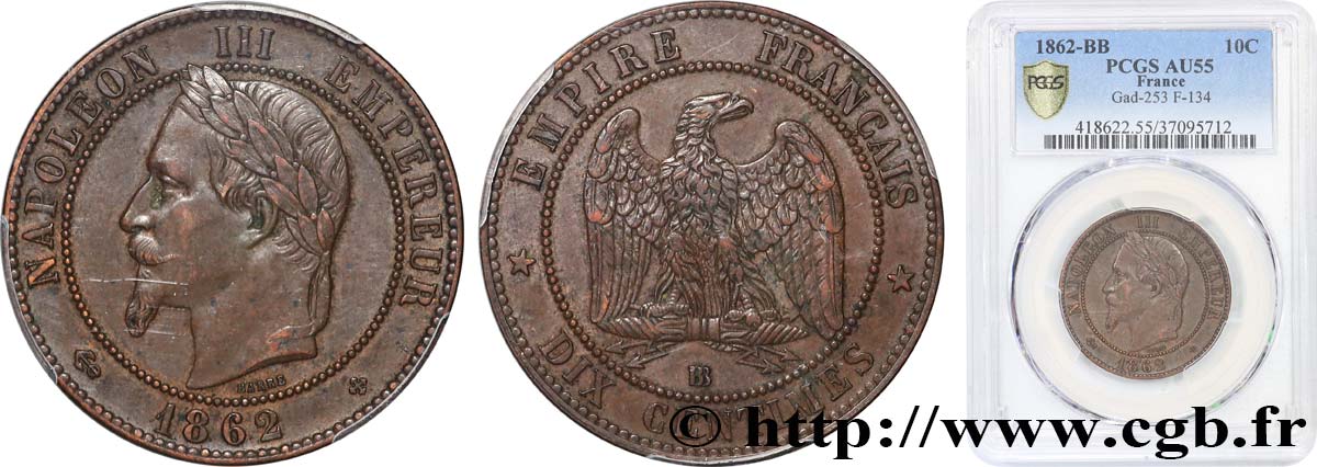 Dix centimes Napoléon III, tête laurée 1862 Strasbourg F.134/8 SUP55 PCGS